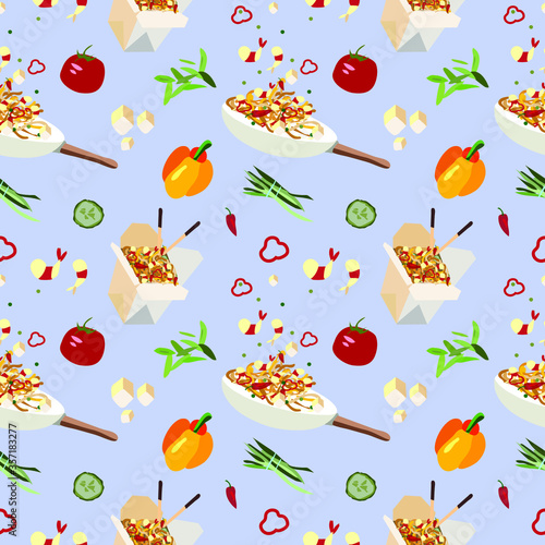 Seamless pattern. Wok food , in a simple graphic style. Blue background. Vector
