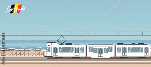 A coastal tram in Ostend, Belgium. Vector flat illustration. 