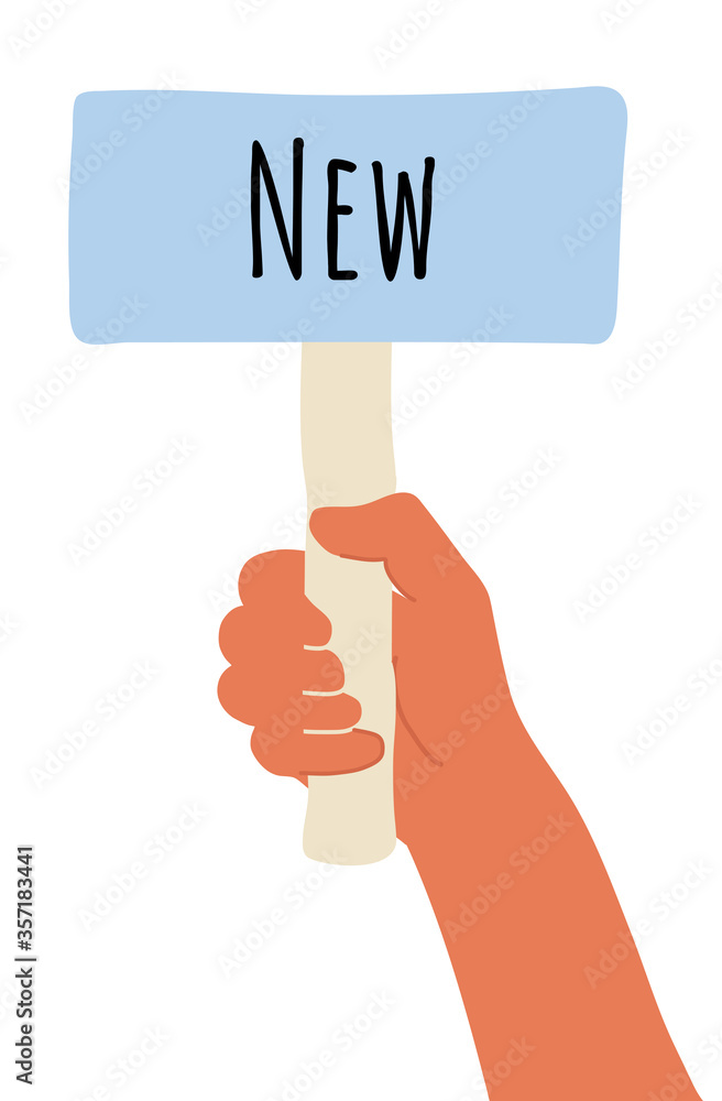 Hand drawn brown human hand with placard. There is word New on it. Cute vector illustration isolated on white background Hand drawn brown human hand with placard. There is word New on it. Cute vector illustration isolated on white background