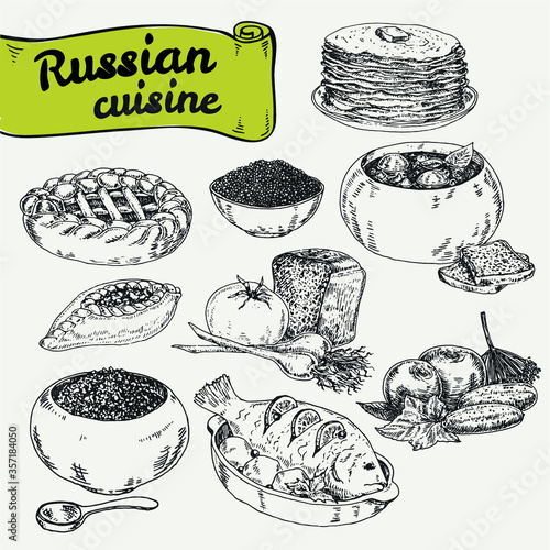 Set of illustrations of Russian national cuisine. hand drawn sketches. vector illustration