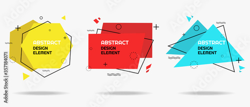 Set of 3 modern colorful design elements with geometric details, designed in memphis style for banner, title or logo. Trendy template ready for use in web, sale or print design. Eps 10 vector