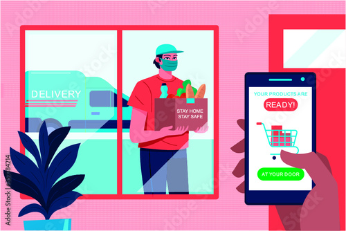 Woman hand holding mobile phone and Order food online,Delivery boy with bag food standing at customer house. Contactless delivery.Stay at home. Concept of quarantine and prevention of spread of corona