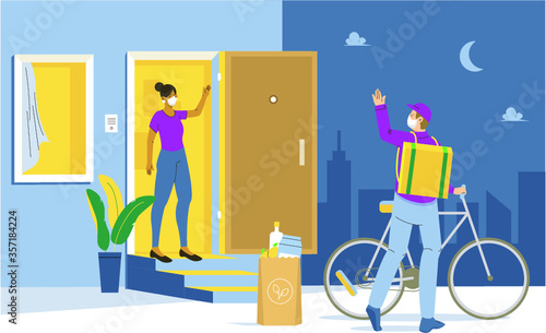 A man on a bicycle rides around the city. A courier in a mask, gloves and boxing, box, cargo. The concept of safe food delivery, fast delivery service. Vector illustration in cartoon style