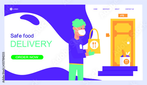Safe fast food delivery at home during coronavirus covid-19 epidemic: man delivering a bag with a ready meal to a customer and keeping a safe distance, he is wearing a protective face mask and gloves