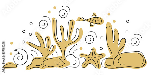 Copy the space for the text. Under water. Marine vector motif . Doodle of the underwater world, sea, ocean, river . Monochrome. Aquariums