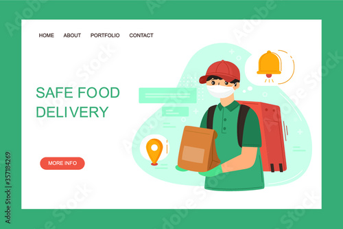 Safe food delivery service concept. Courier bring grocery products bag. Delivery to door. Online order during quarantine. Vector web page banner illustration.