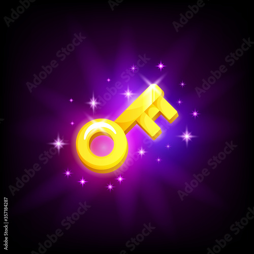 Gold key mobile game icon password symbol on dark background. Mobile app GUI vector design element in cartoon style