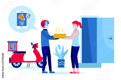 Safe fast food delivery at home during coronavirus covid-19 epidemic, man delivering a bag with a ready meal to a customer and keeping a safe distance, he is wearing a protective face mask and gloves