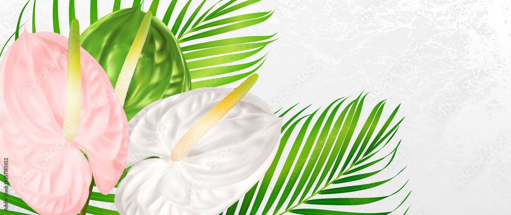 Obraz premium Gift certificate with tropical exotic realistic asian flower bouquet - Anthurium andraeanum green palm branch. Background for wedding design, women card, 8 March invite, funeral thank you card