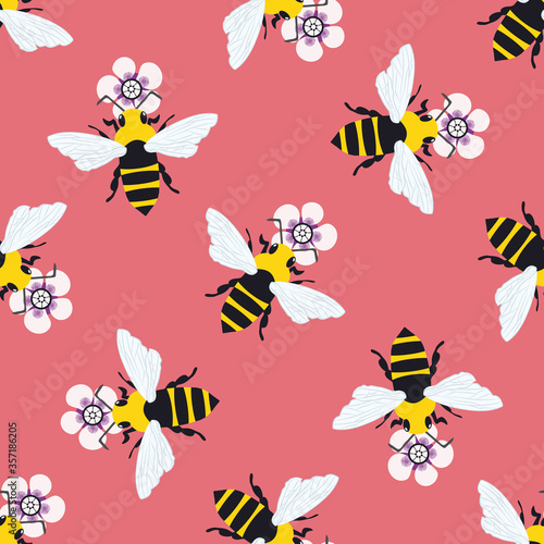 Vector honey bee and manuka flower seamless pattern background. Hand drawn striped insect and floral pink backdrop. Garden bug illustration. All over print for summer, food, conservation concept © Gaianami  Design