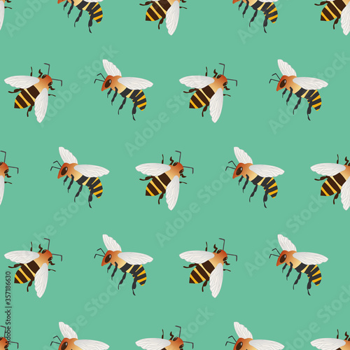 Honey bee vector seamless pattern background. Delicate hand drawn mix of striped insects on teal green backdrop. Garden bug illustration repeat. All over print for summer, food, conservation concept © Gaianami  Design