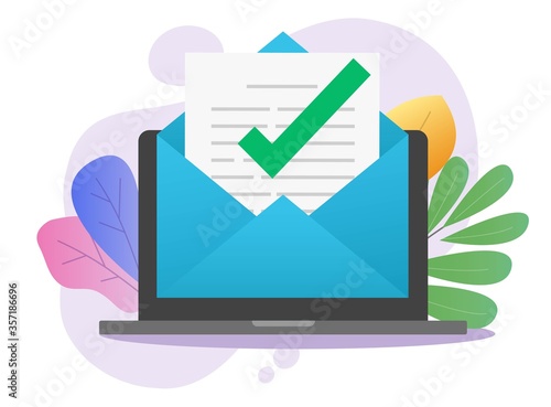 Approved email message notice check mark in document online on laptop computer pc or digital mail letter success confirmed application vector flat, concept of subscription newsletter or verified doc