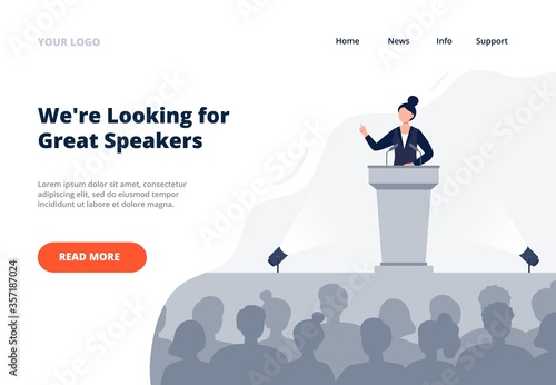 A woman stands on the tribune and speaks to an audience. Politics, debates, or international press conference concept. Public speaking landing page template. Flat vector illustration.