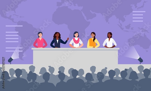 Multiethnic women sitting at the desk on stage and speak to an audience. Debates, international press conference. Global women conference concept. Flat vector illustration.