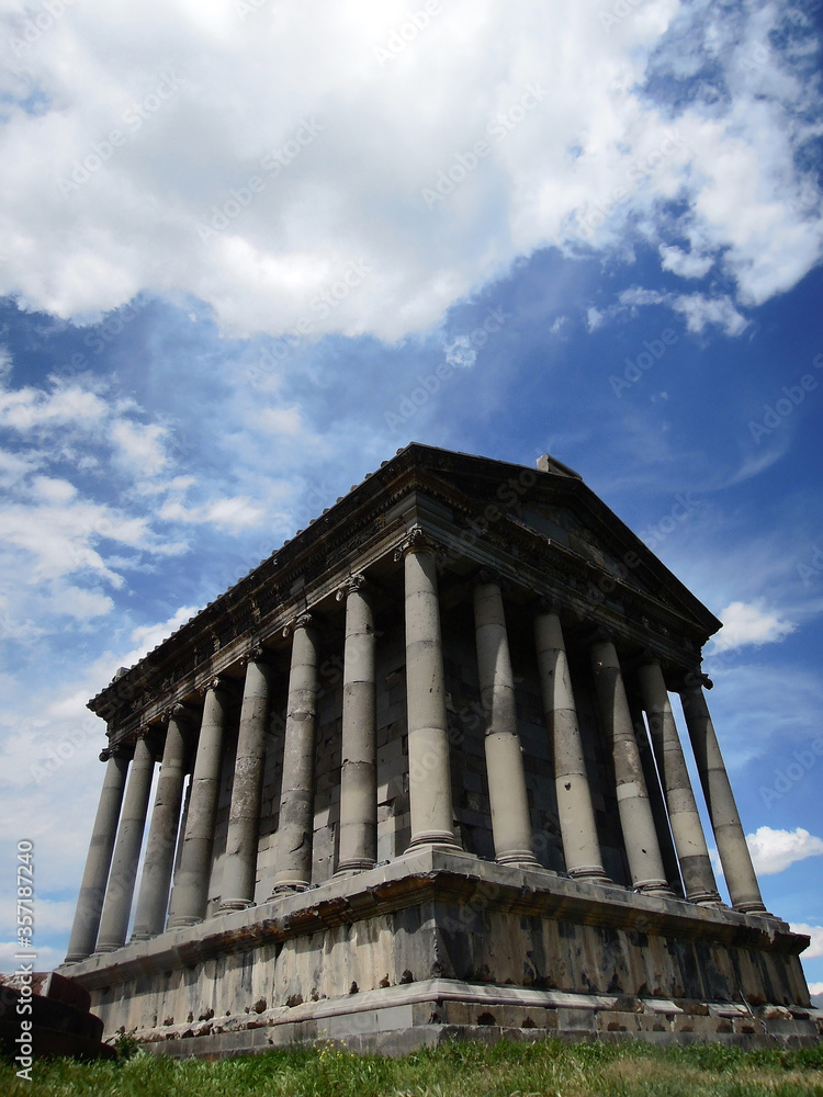 Rear view on the Temple of Garni, the only standing pagan Greco-Roman colonnaded building in Armenia, village Garni, Armenia