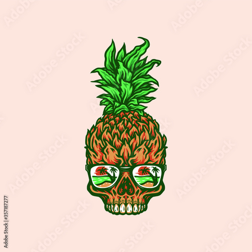 Pineapple skull, hand drawn line with digital color, vector illustration