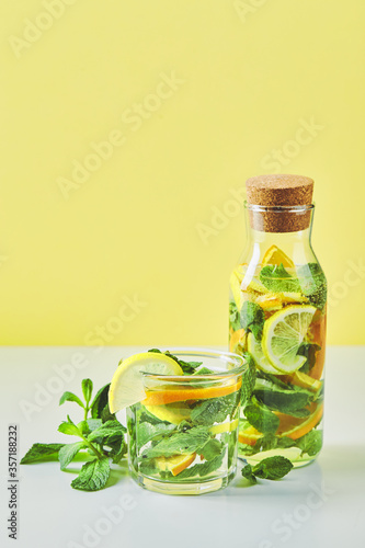 Fresh cool lemon-mint water, cocktail, detox drink.