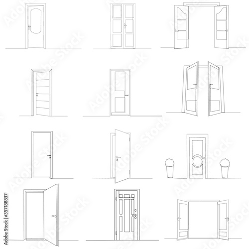 vector, isolated, door, closed line drawing, sketch, set