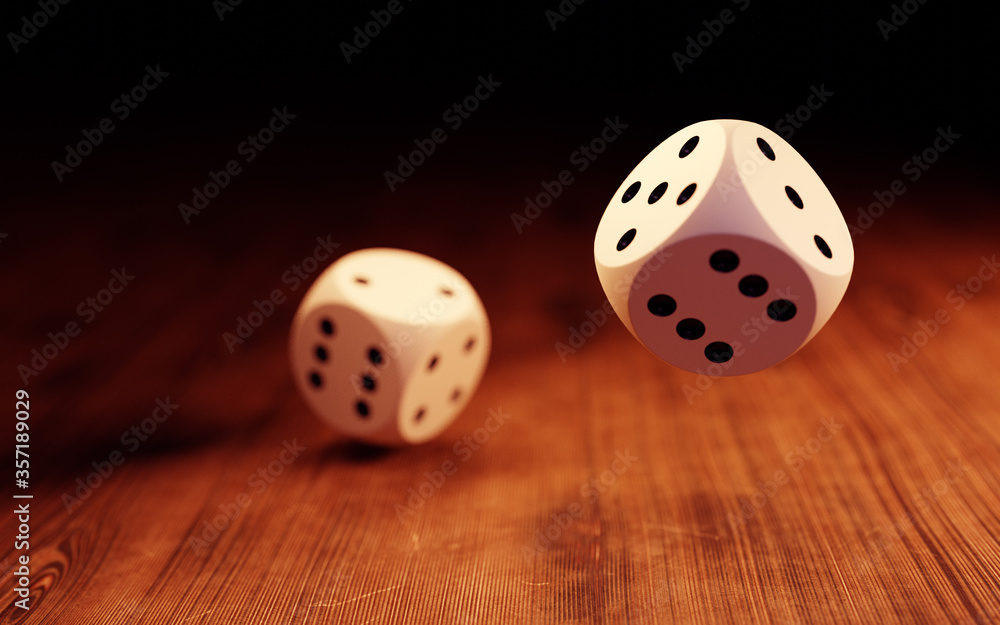 Rolling dices on a wooden surface. 3d render Rolling dices on a wooden surface. 3d render