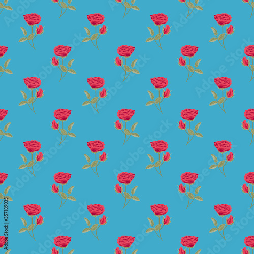 Vector Roses Flowers in Red with Green Leaves on Turquoise Blue Background Seamless Repeat Pattern. Background for textiles  cards  manufacturing  wallpapers  print  gift wrap and scrapbooking.