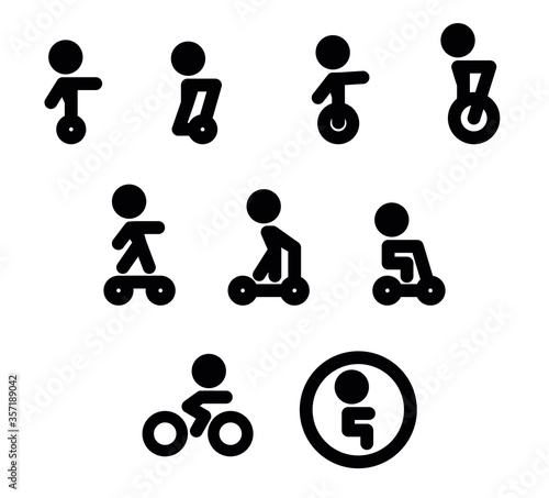Stickman riding modern electric scooter, bicycle, skateboard, segway, hoverboard. Personal eco friendly alternative transportation vehicles icons set.