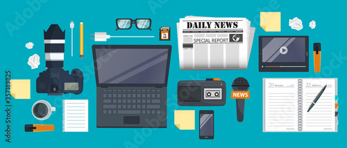 Independent journalism flat banner. Equipment for journalist on desk. Flat vector illustration 