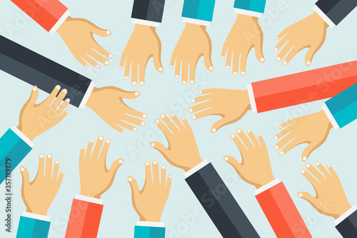 Teamwork concept. Friends with stack of hands showing unity and teamwork, top view. Young people putting their hands together. Flat vector illustration