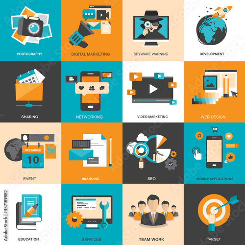 Business and technology icon set for websites and mobile applications. Flat vector illustration