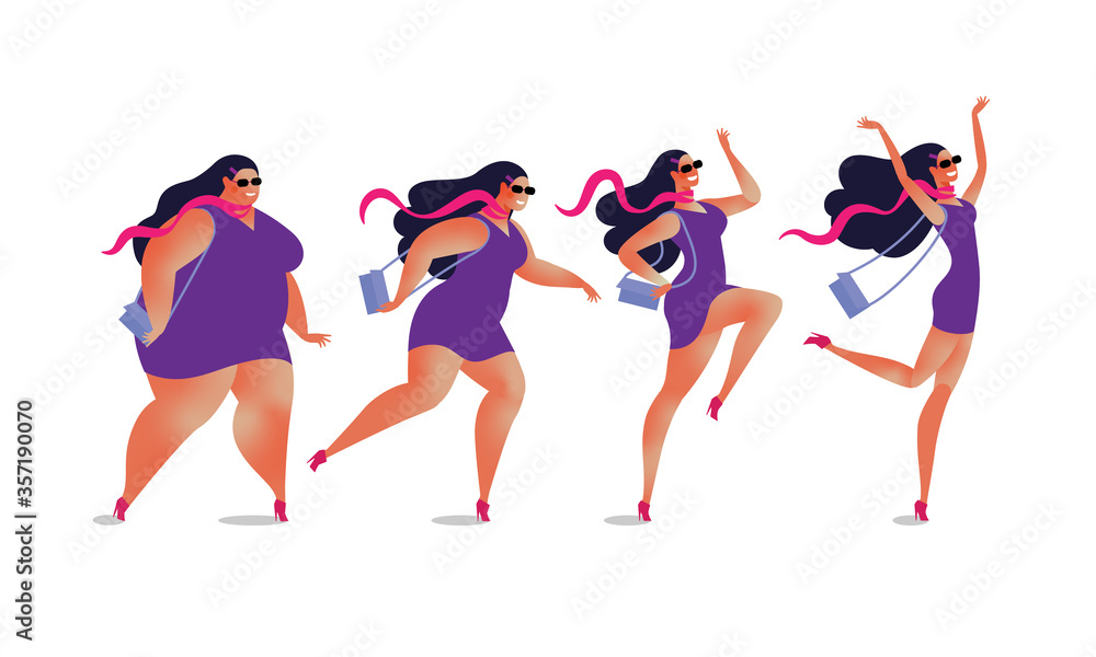 Fototapeta premium Weight loss is easy. Set of running girls, fat and thin. Before and after. Before and after.