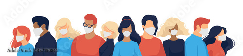 Coronavirus quarantine, covid-19 (2019-nCoV). Group of people in white medical face masks to prevent disease, flu, air pollution, contaminated air, world pollution. Flat vector illustration concept