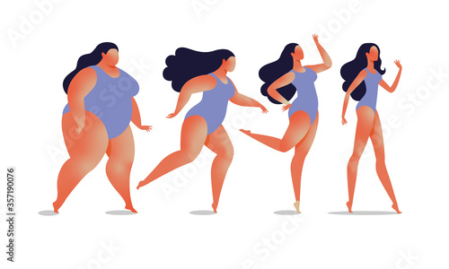 Weight loss is easy. Set of running girls, fat and thin. Before and after. Before and after.