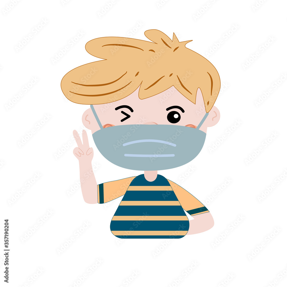 Cute blond hair boy wearing medical face mask with hand gesture saying everything is alright. Smiling winking little kawaii boy say “ok”, vector illustration isolated on white background. Cute blond hair boy wearing medical face mask with hand gesture saying everything is alright. Smiling winking little kawaii boy say “ok”, vector illustration isolated on white background.