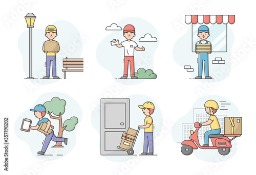 Concept Of Fast Delivery Service. Set Of Couriers Transporting Packages. Men Delivering Packages To Customers By Different Ways. Workers In Uniform. Cartoon Linear Outline Flat Vector Illustration
