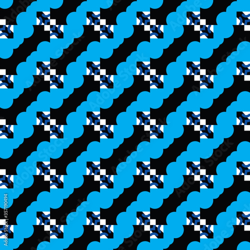 Vector seamless pattern texture background with geometric shapes  colored in blue  black  white colors.