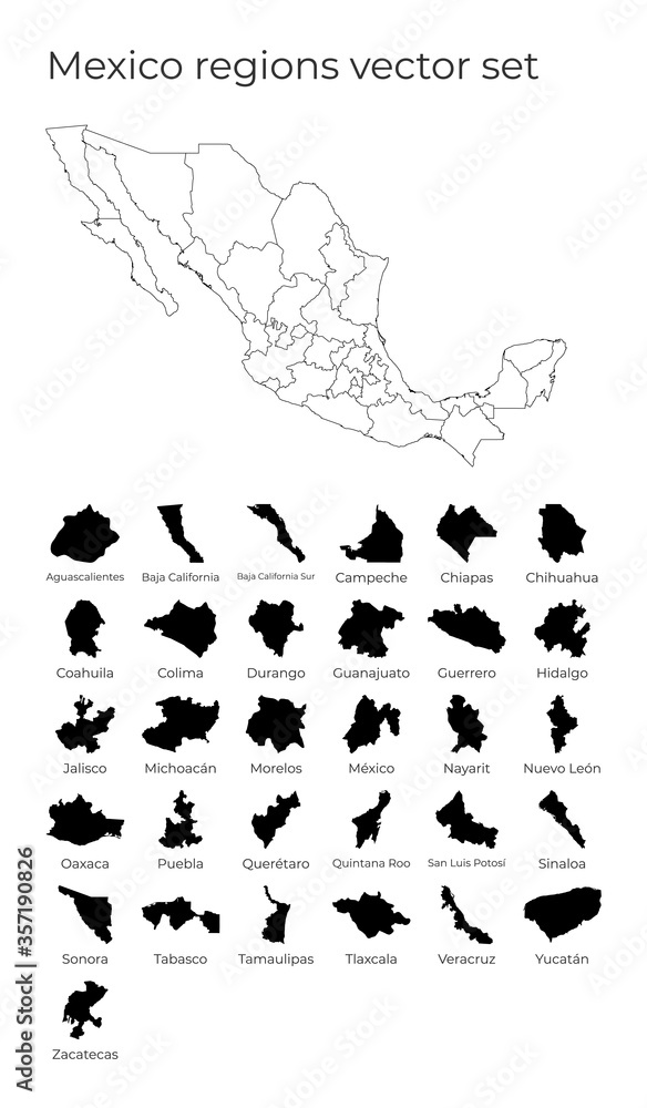 Fototapeta premium Mexico map with shapes of regions. Blank vector map of the Country with regions. Borders of the country for your infographic. Vector illustration.