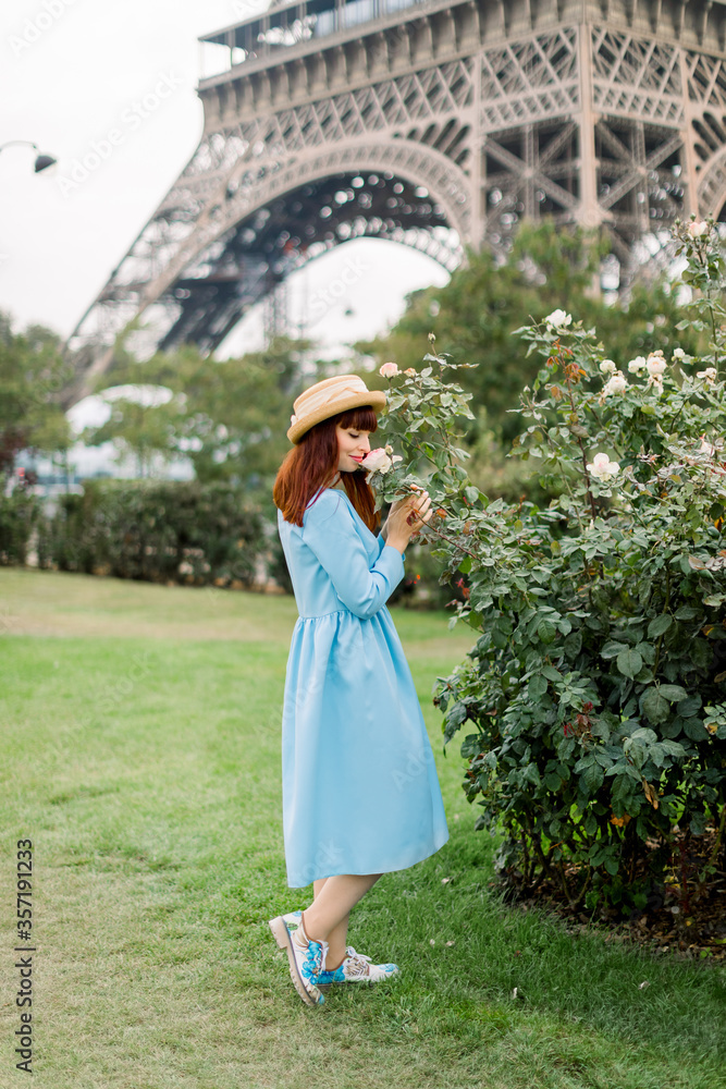 Young beautiful woman, dressed in elegant light blue dress and straw hat, walks on the Paris city street near the flowering rose bushes, touching and smelling the flowers. Eiffel tower on background