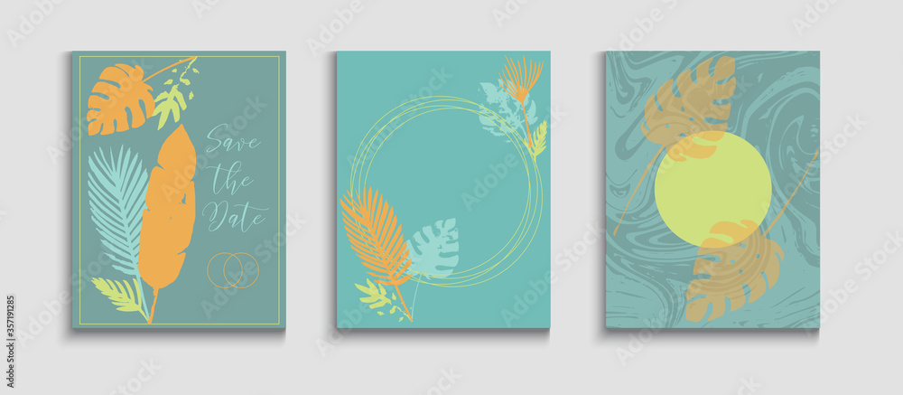 Abstract Retro Vector Covers Set. Soft Olive Leaves Invitation Layout. 