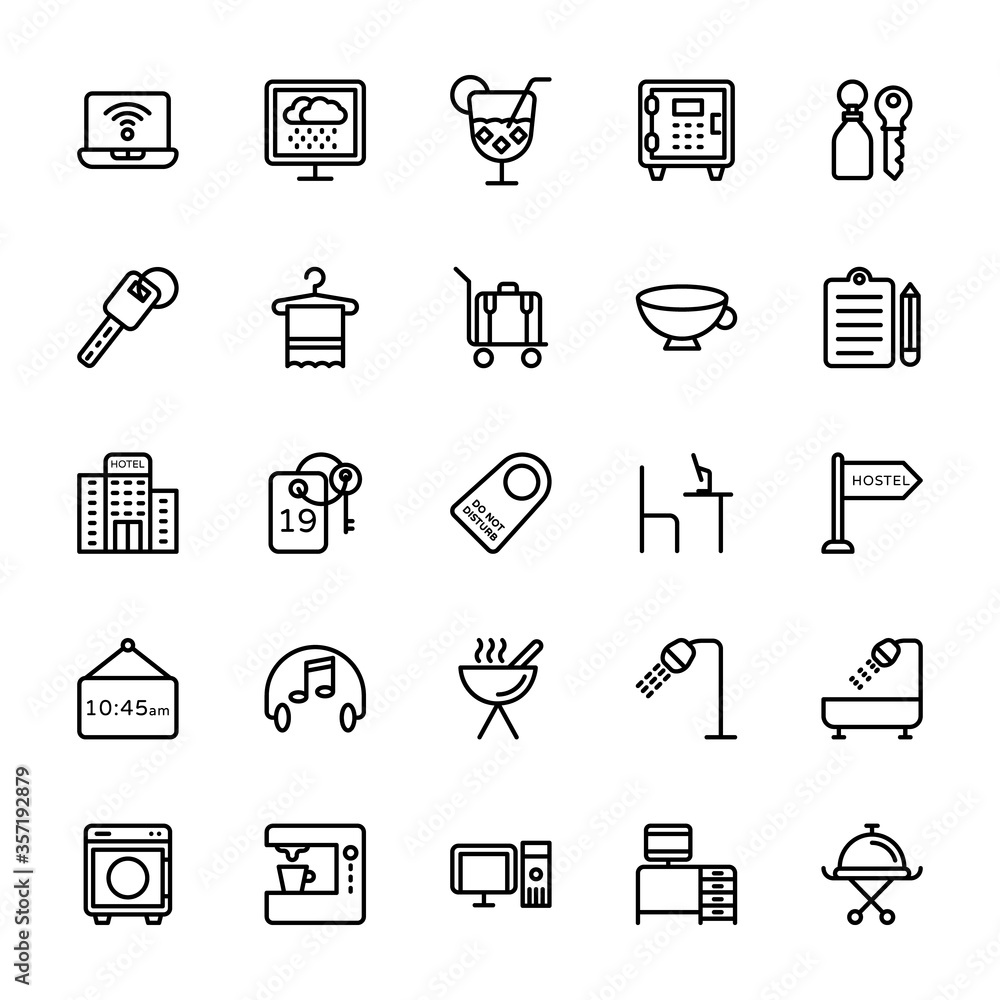 Fototapeta premium Traveling and Hotel Line Vector Icons 