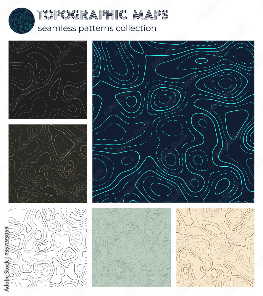 Topographic maps. Amazing isoline patterns, seamless design. Trendy tileable background. Vector illustration.