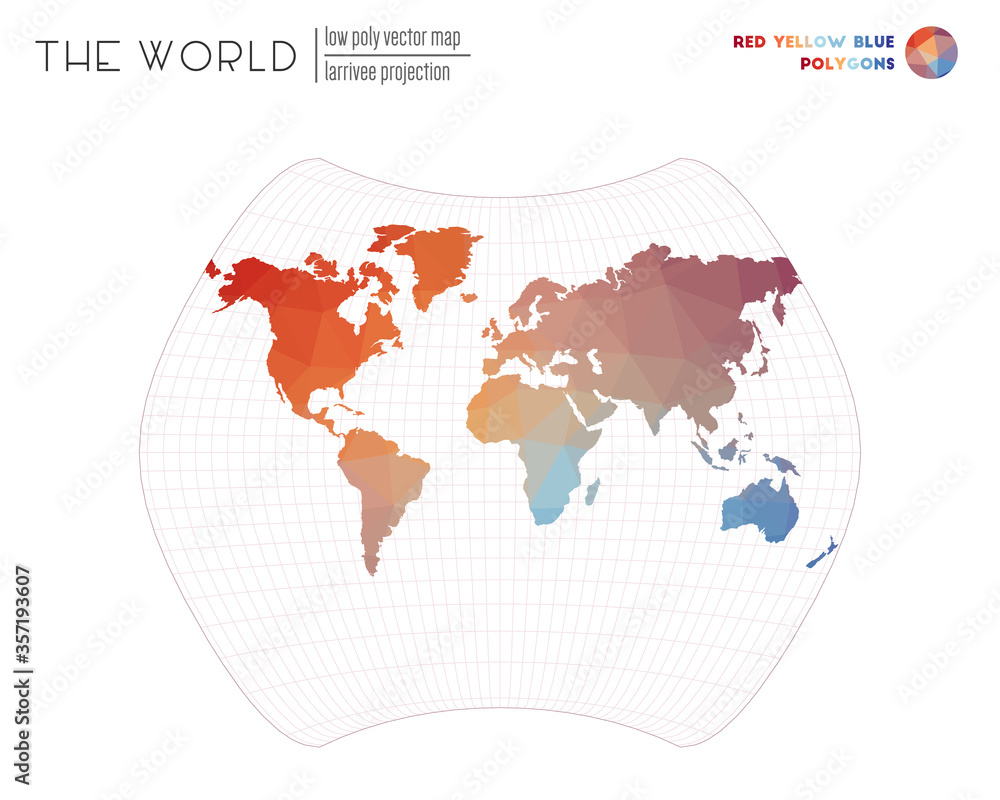 Polygonal world map. Larrivee projection of the world. Red Yellow Blue colored polygons. Neat vector illustration.