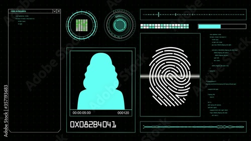hud elements on a computer display with fingerprint scanning and person identification on a screen