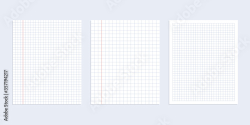 Set of white note paper and notebook sheet on gray background. Vector illustration. 