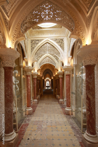 Amazing palace interior with a window to the garden in background. Monserrate Palace in Sintra  Portugal