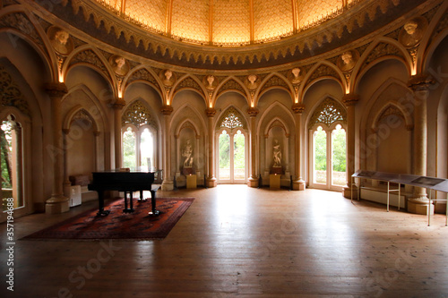 Amazing palace interior with a window to the garden in background. Monserrate Palace in Sintra  Portugal 