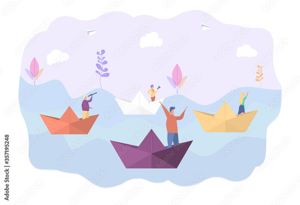 Career success, employees sail on paper ships. Achieve success and business goals. Career for woman or man. Colorful vector illustration.