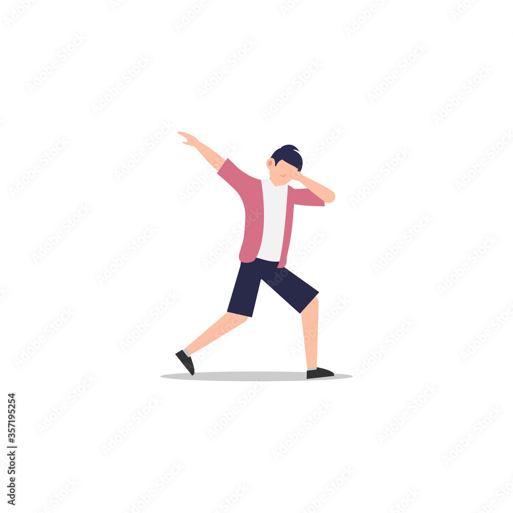 Cartoon character illustration of celebration pose and gesture. Happy young man dabbing. Flat design isolated on white.