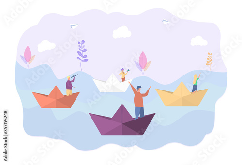 Career success, employees sail on paper ships. Achieve success and business goals. Career for woman or man. Colorful vector illustration.