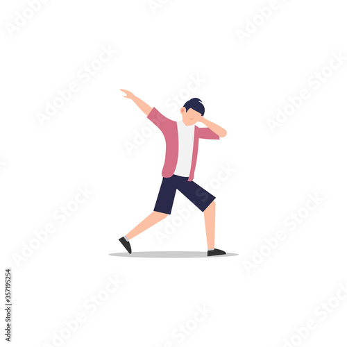 Cartoon character illustration of celebration pose and gesture. Happy young man dabbing. Flat design isolated on white. © VZ_Art