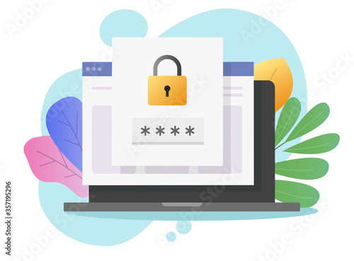 Website password security access notice on laptop computer or verification code web internet notification on pc screen for authentication vector flat cartoon illustration, private authorization image