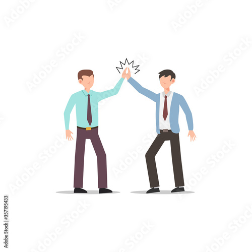 Cartoon character illustration of celebration pose and gesture. Happy two young business man are high five. Flat design isolated on white.